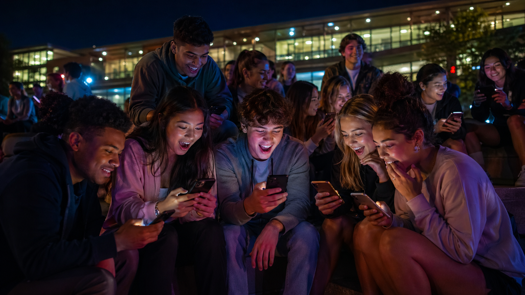 College students watching phones together at night on campus.
